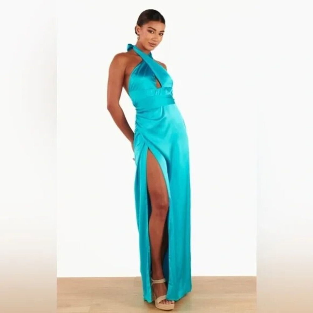 NWT Show Me Your Mumu Adele Halter Teal Luxe Satin Maxi Dress Small $198